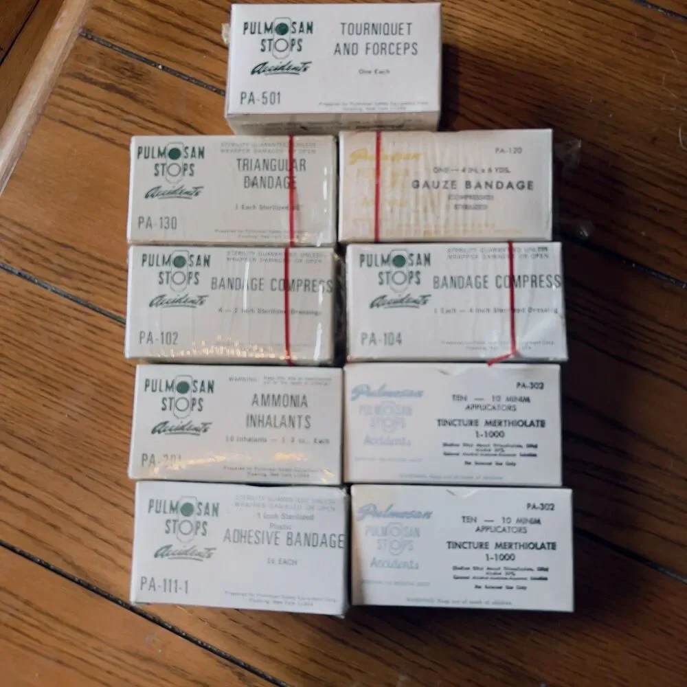 1940s Sealed Military First Aid Kit Lot of 9 Nursing Supplies WWII Pulmosan